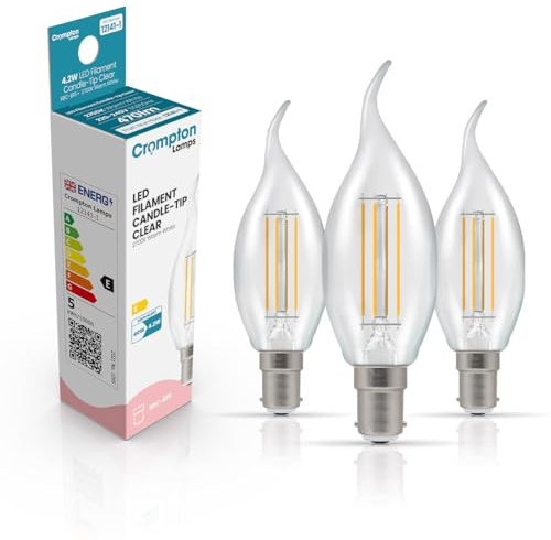Crompton Lamps Bent-Tip Candle LED Light Bulb SBC-B15d | 4.2W = 40W Equivalent | Warm White 2700K | Flame Tip | Small Bayonet Lightbulb | Long Life 10,000-Hrs | Clear Glass | Dimmable | 3-Pack