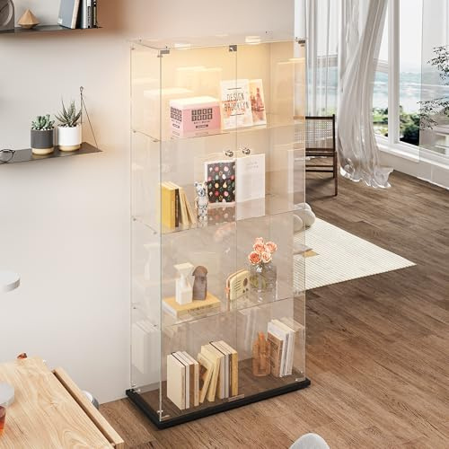 YLSZHY Vitrine en Verre avec 2 Portes et éclairage LED, vitrine de Collection verrouillable à 4 Niveaux, bibliothèque indépendante pour Le Salon Chambre (4 Niveaux 2 Portes LED-A, Noir)