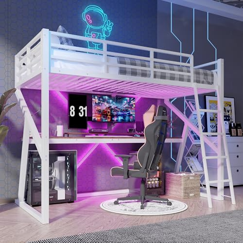 Merax Hochbett mit Schreibtisch 90x200 cm Metallbett Multifunktionales Kinderbett Bettgestell mit LED-Beleuchtung, Geländer, Treppe, Rausfallschutz für Kinder/Erwachsene, Weiß