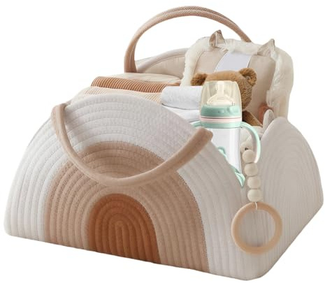 WIYETY Baby Wickeltisch Organizer Korb: Baumwollgewebt Wickel Organizer mit Griffen, Handlicher Wickeltasche Organizer, Vielseitiger Aufbewahrungskorb Baby für Zuhause und unterwegs (32x20x22cm)