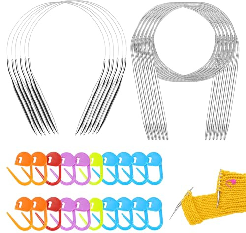 Circular Knitting Needles Set, 12 Pcs with 20 Colourful Stitch Markers, 40 cm & 80 cm Lengths, 2.5 mm to 5 mm Sizes, for Socks, Hats and DIY Knitting Projects