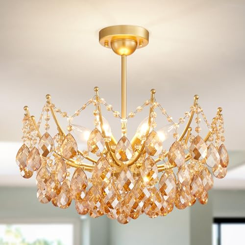 WUZUPS Kristall-Lampe 6-Wege Pendelleuchte Moderne Deckenleuchte für Schlafzimmer Flur Bar Küche Bad, H 48,7 x W 50, E14-Basis, Gold
