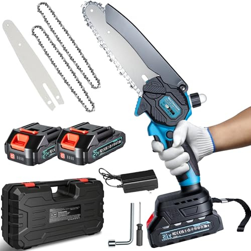 Mini Tronçonneuse sur Batterie 4000mAh, Scie Électrique sur Batterie de 6'' avec Graissage Automatique et 2 Batteries de 2000mAh, Tronçonneuse Sans Fil Portable sur Batterie pour Élagage des Arbres de