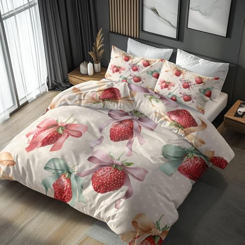 Generisch Süße Rosa Schleife Erdbeere Bettwäsche 135x200, 2teilig - Kawaii Frucht Bettbezug und 1 Kissenbezug 80x80, Wendebettwäsche, Schlafzimmer Deko, mit Reißverschluss SD-1580