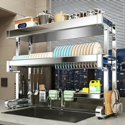Doble capa Escurridor Platos Cocina organizador, scola piatti da appoggio sopra lavandino, Ahorra espacio Escurre Porta Cubiertos, Cocina cubiertos platos, con ganchos, portacuchillos.(76cm)