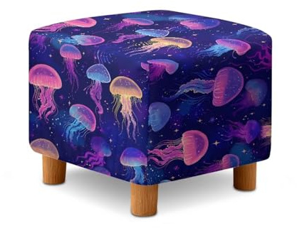 Fiqyvagox Shining Jellyfish Print Violetter Fußhockerbezug, abnehmbarer, quadratischer Schonbezug mit elastischer Unterseite, atmungsaktiver Fußhocker-Schutz, universelle Passform für die meisten