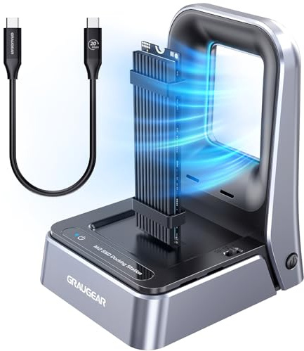 GRAUGEAR M2 SSD Docking Station für M.2 SSD Festplatte 20Gbps USB 3.2 Gen2 | Dockingstation für PCIe und SATA SSD [Easy Dock] M.2 SSD NVMe und NGFF Externe Festplatte, werkzeuglose, Lüfter 3 Kühlstufen