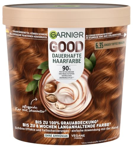 Garnier Good dauerhafte Haarfarbe, 6.35 Ginger Toffee Braun, 100% Grauabdeckung & 8 Wochen Halt, ohne Ammoniak, vegane & tierversuchsfrei – 75ml