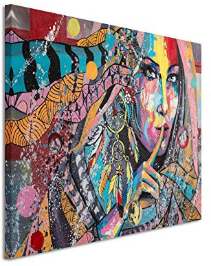 Paul Sinus Art XXL Fotoleinwand 120x80cm Ölgemälde – Farbenfrohe Frau mit Traumfänger auf Leinwand exklusives Wandbild moderne Fotografie für ihre Wand in vielen Größen