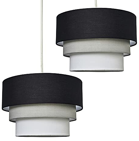 MiniSun | Round Modern 3 Tier Fabric Ceiling Pendant Light Shades in Black | Pendant Lights, Home Décor & Improvement Essential | Set of 2 | Includes 10W GLS Bulb | 30cm Shade Width