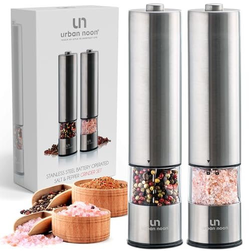 Urban mediodía funciona con pilas de sal y molinillo de pimienta Set (Pack de 2) – molinos de acero inoxidable eléctrico con luz – Molinillos condimento con ajustable de grano – manejo con una sola