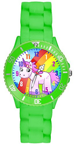 Taffstyle Kinder-Armbanduhr Analog Quarz mit Silikon-Armband Zahlen Einhorn Kinderuhr Lernuhr Sport-Uhr Rainbow Grün