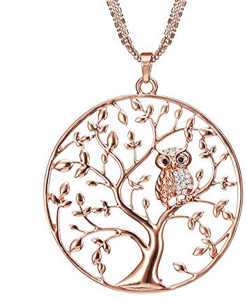 Lange Halskette für Damen, Baum des Lebens mit Eule Anhänger Halskette für Mädchen Rose Gold und Silber Halskette mit CZ Crystal Kette Halskette (Roségold)