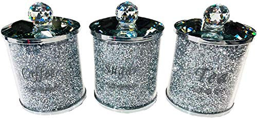 Value For Money - Fabulous Diamond Crushed & Crystal Filled Set of 3 Kitchen Storage CANISTERS Tea Coffee Sugar Jars - Unique Collection to Your Kitchen Decor (Silver)