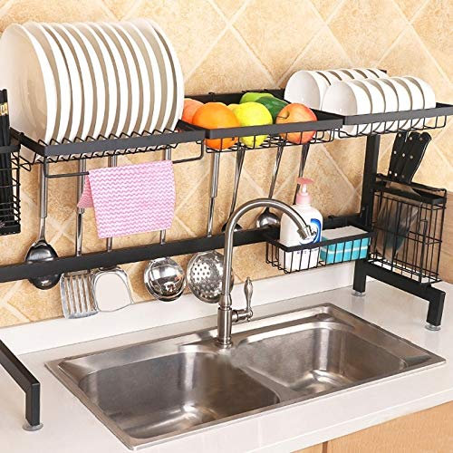 Porte-cuisine 92cm cuisine en acier inoxydable Bol plat Fruit Basket Couteau Coupe du Bois Chopsticks Égoutter rack Support de stockage, Version Deluxe (Noir) (Color : Black)