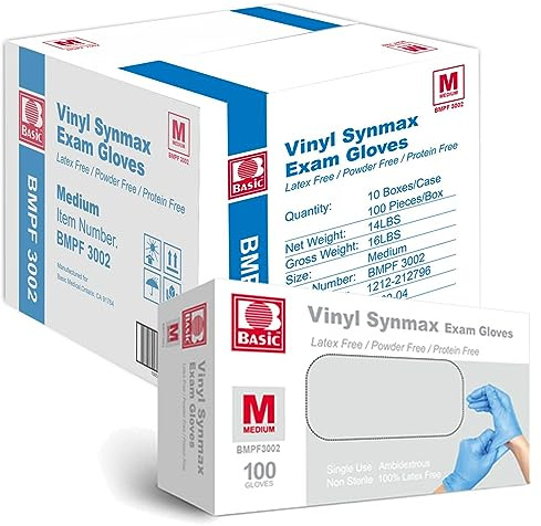 Basic Intco Medical Synmax Vinyl Exam Gloves - Latex-Free & Powder-Free - Medium, BMPF-3002(Case of 1,000)