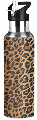 JUMBEAR Borraccia in acciaio inox isolato in acciaio inox con motivo leopardato, a tenuta stagna, con coperchio con cannuccia, per fitness, palestra e sport all'aria aperta, 623,7 g