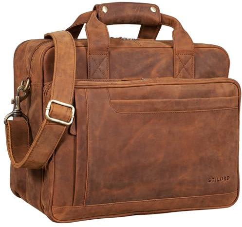 STILORD 'Excelsior' Moderne Lehrertasche Leder mit Dreifach Trenner Schultasche Leder Aktentasche Groß Büro Schulter- und Umhängetasche mit Laptop-Fach 15.6 Zoll Echtleder, Farbe:tan - dunkelbraun
