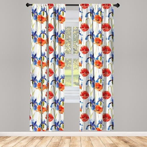 ABAKUHAUS Wiese Vorhänge, Gardinen, Pastell Design Mohnblumen-Szene, Fensterbehandlungen für Wohnzimmer Schlafzimmer Dekor, 2 Stück 75 cm b x 245 cm h, Scharlachrot Violettblau