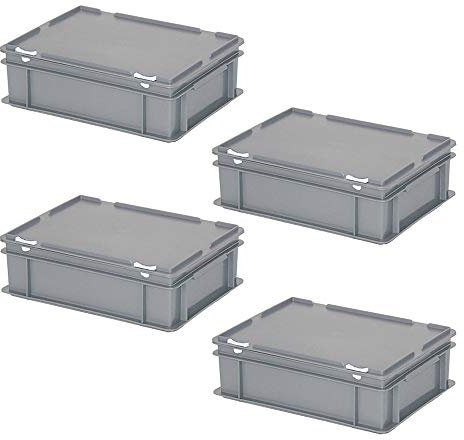 BRB 4x Euroboxen mit Scharnierdeckel und Schiebeverschlüssen, LxBxH 400x300x130 mm, grau