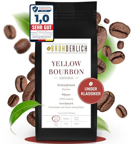 BRÜHDERLICH Yellow Bourbon Premium Arabica Kaffeebohnen säurearm (1kg) - Besondere Kaffeebohnen aus Brasilien - Harmonische Grundsüße und weiches Aroma - Coffee Beans - Außergewöhnlich mild