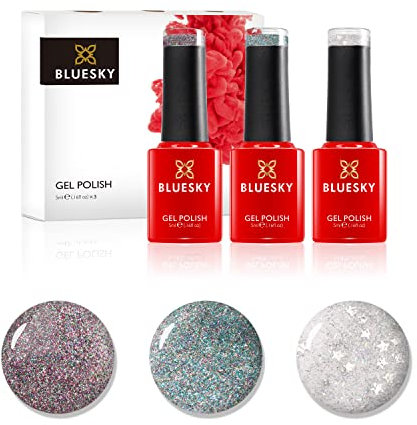 Bluesky Gel Nail Polish Set, Glitter Top Coats - 3 x 5ml Gel Polish Top Coats with glitter pieces (Requires curing under UV/LED Lamp)