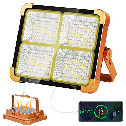 1000W LED Baustrahler Solar, Akku Arbeitsstrahler Tragbare Campinglampe 12500mAh, Outdoor Flutlicht Wiederaufladbar Wasserdicht Werkstssattlampe 4 Lichtmodi für Angeln Notfall Baustelle Garage