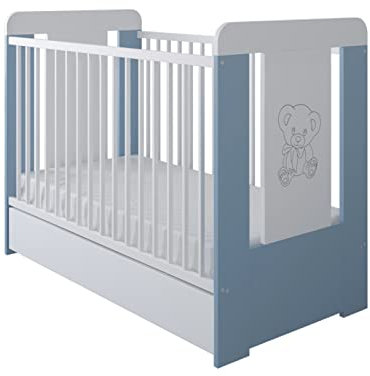 kiki design Babybett mit Schublade Matratze & Kleiner Teddybar Gravur 120x60cm | 3 ausziehbare Sprossen | 3-Stufen-Verstellung | Kiefernholz | Blau
