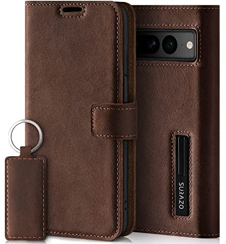 SURAZO Premium Handyhülle für Google Pixel 7 Pro Hülle Leder – Klappbare Echtleder Schutzhülle [mit Magnet, Kartenfach, RFID Schutz] Flip Klapphülle Wallet Case Cover Lederhülle (Nussbraun)