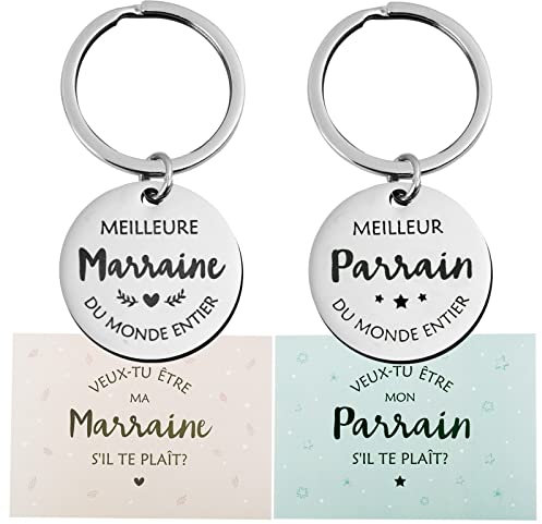 GEBETTER 2Pcs Porte Clé Cadeau Parrain Marraine Porte Clef Idée Cadeau Annonce Naissance Demande Invitation Parrain Marraine pour Baptême Noël Fête avec Carte Voeux Enveloppe