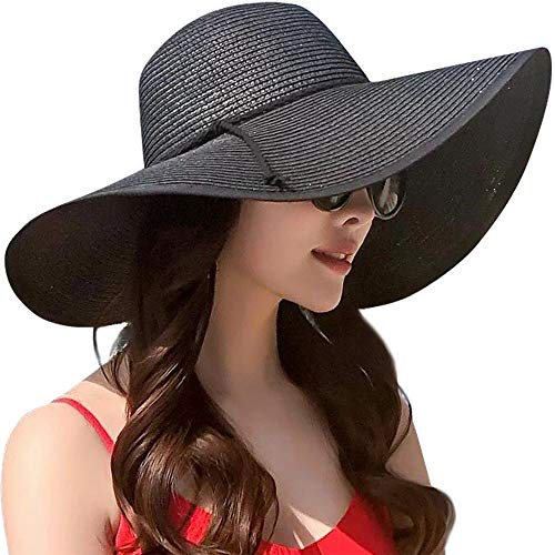 DRESHOW Damen Breit Krempe Strohhut Faltbar Schutz Strandhut Elegant Sommer Hut Sonnenhüte UPF 50+