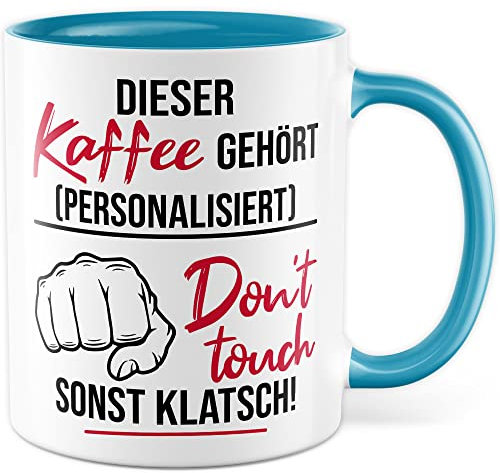 Tasse mit Spruch personalisiert lustige personalisierbare Kaffeetasse mit Wunschname Kaffee-Becher anpassbar Custom Geschenk persönliche Geschenkidee Büro Kollegen Humor (Weiß/Blau)