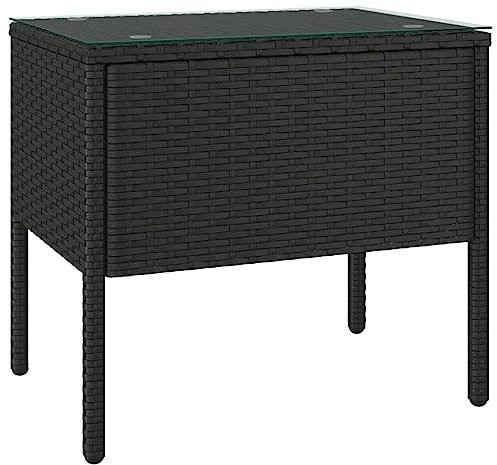 vidaXL Table d'Appoint, Table Basse avec Cadre en Acier Enduit de Poudre, Bout de Canapé de Salon, Meuble de Jardin, Noir Poly Rotin et Verre Trempé