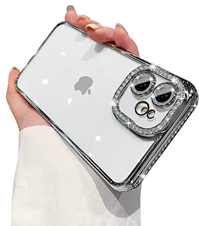 Fycyko Schutzhülle für iPhone 11, mit Glitzer-Diamant-Kameraschutz, glitzernd, transparent, niedlich, stoßfest, glitzernde Linse, für iPhone 11 (6,1 Zoll), Silber