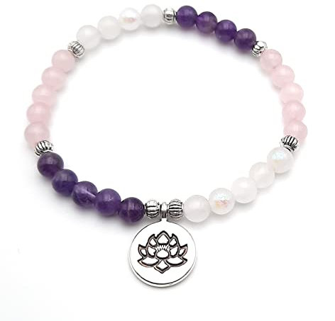 Bracelet Féminité Pierre de lune, Quartz rose et Améthyste en Pierres Naturelles avec Fleur de Lotus | Perles rondes 6 mm | Taille personnalisée de 12 à 22 cm au choix | Création Artisanale Française