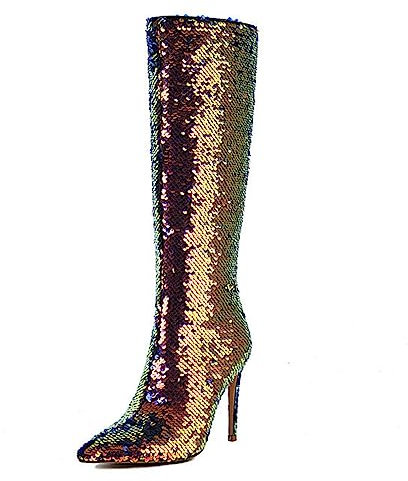 Omeslike Stivali da donna con paillettes glitterate, stivali alti al ginocchio, con brillantini, in pizzo, con tacco alto per donna, sexy, Halloween, Natale, cosplay, stivali lunghi, gold, 39 EU