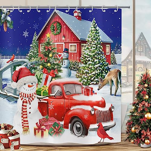 Duschvorhang Weihnachten 120x180, Hnmdmyi Schneemann Weihnachtsbaum Hirsch Rot LKW Geschenk Bauernhof Winter Urlaub Frohes Neues Jahr Badewanne Vorhang Wasserdicht Polyester Stoff Waschbar Badevorhang