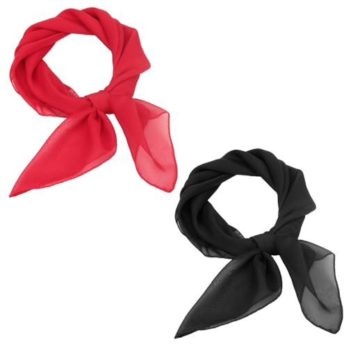 MEMOFYND 2 quadratische Chiffonschals, Schwarz & Rot, 65 * 65 cm, Damen, für Frauen, Seidenschal, Retro-Accessoires