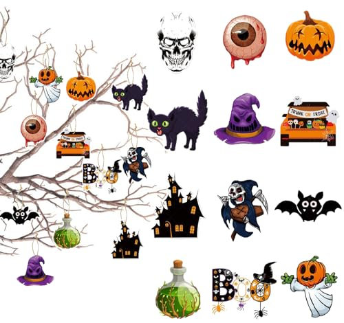 12 Pieces Halloween Ornements Bricolage pour Décoration d'arbre, Petite Miniature Halloween Hanging Ornaments Pendentif, Citrouille Fantôme Araignées Chauves-Souris DIY Charmes en Papier avec Cordes