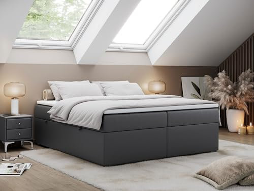 MKS MEBLE Boxspringbett 200x200 ohne Kopfteil mit Bettkasten, Bett 200x200 niedriges Kopfteil, Polsterbett 200x200 ohne Kopfteil - Bess - Dunkelgrau Kunstleder - H3