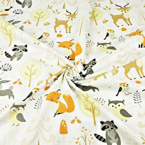 Textrend Baumwollstoff - Stoff zum Nähen - 100% Baumwolle - Textilien 1x1.6m - Stoffe Meterware – Tiere (Tiere in einem Waldstück)