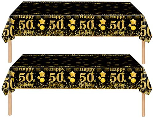 COSORO 2pcs Black Gold Happy 50th Birthday Table Cloth,137 * 274cm 50th Tablecloth for Men Women 50th Birthday Table Decorations,Plastic Tablecloths Table Cover for Him Her 50th Birthday Decorations