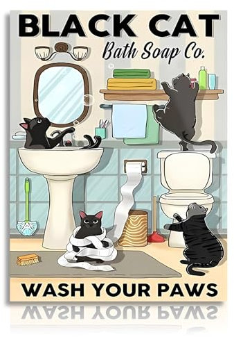 NymphFable Funny Cat Wall Decor Póster Lindo Gatos Negros Juegan in el Baño, Cartel Vintage para el Baño 12x16 in Sin Marco
