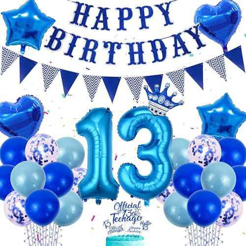 Official Teenager 13 Geburtstag Jungen - Blau Luftballons 13 Geburtstag, Offiziell Teenager Geburtstagdeko 13 Jahre, Happy Birthday Girlande Wimpelkette Tortendeko Konfetti Ballons Herzballons Set