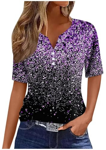 Pailletten Shirt Damen Elegant Sommer Tunika Tops Leicht Baumwolle Kurzarm Tshirt V-Ausschnitt Knopfleiste Oberteile Lässiges Lose Sportshirt Vintage Glitzer Sommershirts Teenager Mädchen