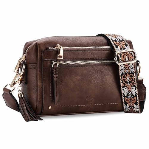 Kasgo Umhängetasche Damen, Mode Crossbody Bag Vegan Leder Handtasche Kleine Satchel für Frauen mit Verstellbarem Riemen Kaffee