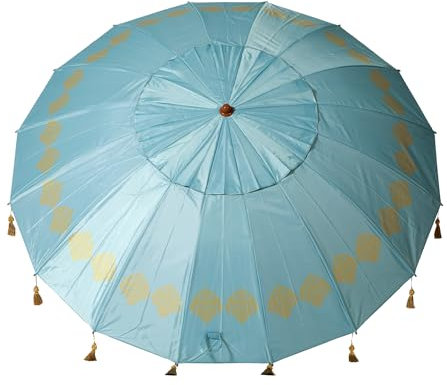Atosa Strandschirm Ø 180 bis 240 cm aus Aluminium Orientalisches Modell mit Fransen mit LSF 50+, blau, 220 cm, Bohemien