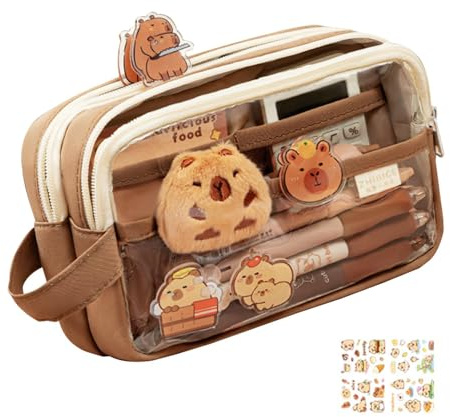 Pokronc Aesthetic Clear Pencil Case, Capybara Large Capacity Pencil Pouch, Cute Workplace Stationery Makeup Bag, Multi-Layers Pen Bag Includes Stickers for Teen Boys Girls