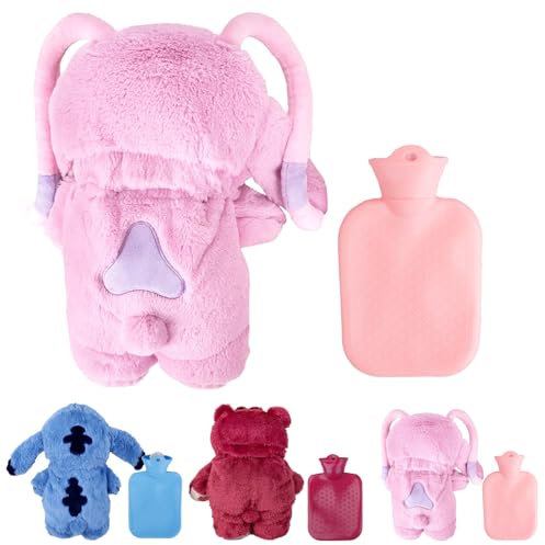 Fluffy Wärmflasche, Cartoon Heißwasserflasche Rosa für Kinder Abnehmbare und Waschbare Wärmflasche Naturkautschuk Weiches Plüsch Fluffy Geschenk für Kind Familie & Freund Winter
