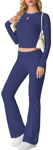 IWOLLENCE Hausanzug Damen Jogginganzug Set Lounge Set 2 Teiler Sportanzug Damen Y2K Outfit Homewear mit Crop Top und Schlaghosen (Marineblau, S)